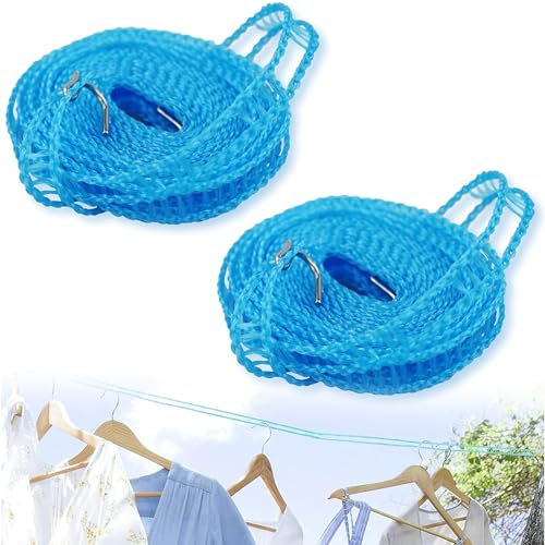 2 Pezzi di Corda per il Lavaggio dei Vestiti, Corda per l'Asciugatura dei Vestiti, Corda Elastica Antiscivolo, Corda in Nylon per il Lavaggio, Corda da Esterno Antivento per Il Lavaggio (Blu)