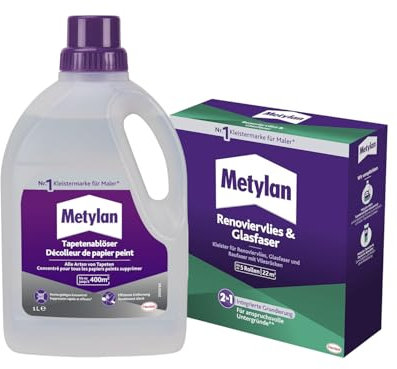 Metylan Renoviervlies & Glasfaser, Tapetenkleister & Grundierung, auch für Feuchträume (1x500g) & Metylan Tapetenablöser Aktiv-Konzentrat, löst schnell und problemlos (1x 1l)