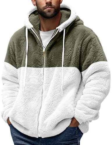 Azruma Freizeitjacke Herren Snowboardjacke Herren Boucle Jacke Männer Warm Teddy Fleece Patchwork Reißverschluss Plüschjacke Mit Kapuze Fliesjacke Herren Herren Daunenjacke Winter (Armeegrün,L)