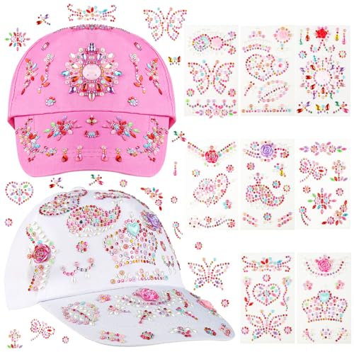 Geschenke für Mädchen, 2 Stück DIY Baseballkappe, Verstellbar Baseball Cap Selbst Gestalten Baseballkappe mit 8 Blätter Glitzersteine Aufklebern, Personalisierten Kappe Sonnenhut für Mädchen