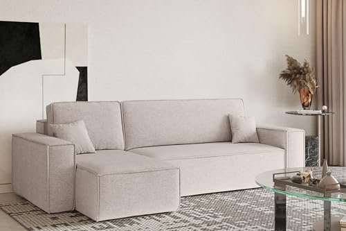 Kaiser Möbel, Ecksofa mit schlaffunktion, mit Bettkasten, Schlafsofa Best, Designer L-Form Sofa, Modern Design Couch, Polsterecke, Freistehend, Stoff Neve Beige Links