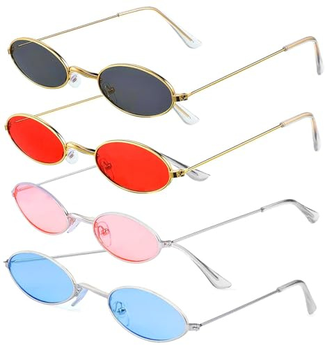 Dtoterul 4 Paires Lunettes de Soleil Ovales Rétro, Lunettes de Soleil Femme Rétro Vintage, Mini Lunettes de Soleil d'Été, Rétro Hippie Lunettes Cadre en Métal, Pour Voyage, Selfie, Plage, Le Sport