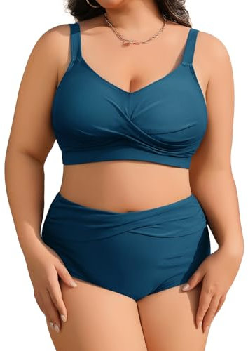 heekpek Bikini Damen Set Bauchweg Badeanzug Große Größen Zweiteiliger Damen Sommer Bademode V-Ausschnitt High Waist Bikini Plus Size, Blau Grün, XL