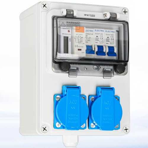 Warmfay Répartiteur mural pré-câblé, distributeur de courant de construction avec interrupteur FI, interrupteur LS et compteur électrique, 2 prises Schuko 230 V, boîtier étanche IP67 pour l'intérieur