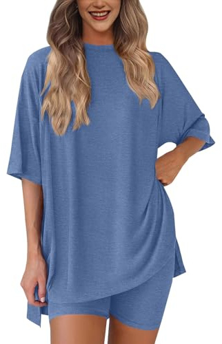 Survêtement 2 pièces pour femme en coton rayé à manches courtes et short, ensemble de pyjama d'été décontracté, vêtement de détente, t-shirt court ample, pantalon taille élastique, vêtements de nuit