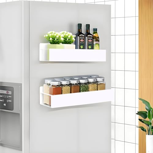 KedioPio Porta Spezie Magnetico Bianco, 2 Pezzi Portaspezie Magnetico da Frigorifero con 4 Ganci, Mensola Magnetica Frigo Porta Spezie Calamita Metallo per Portaoggetti e Supporti la Cucina, Bianco