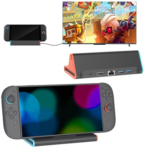 Switch 2-dockningsstation för Nintendo Switch 2, bärbar TV-docka kompatibel med 1 Gbps Ethernet/4K HDMI/PD 100 W/2 x USB 3.0 port, laddningsstationsstativ ersättning för officiell (med LAN-port)