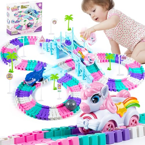 Race Track Toys for 4-6 Year Old Girls, Shark & Unicorn Construction Race Tracks Toy,Monster Truckfor Boys Girls Toys Age 3 4 5 6 7 8 Birthday Gifts (194PCS)