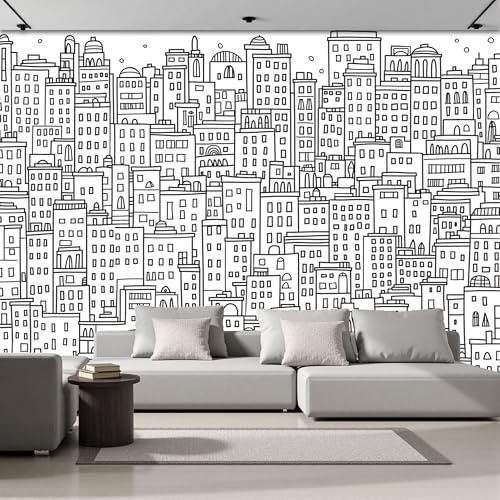 Papier Peint Panoramique Artistique 350x256cm - Revêtement Mural Décoration Chambre Salon - Dessin au trait de la ville - Noir et blanc - architecture urbaine - Pour Chambre d'enfant Décoration