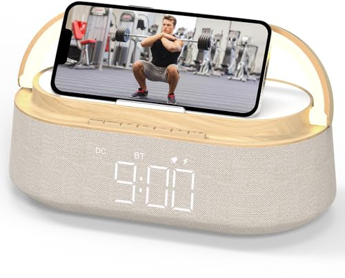 FREEFISH Bluetooth Speaker with Wireless Charger, FM Radio, Adjustable LED Night Light, 15W Wireless Charging for iPhone, 10W Dual Speakers, 2500 mAh Battery, Bluetooth 5.0