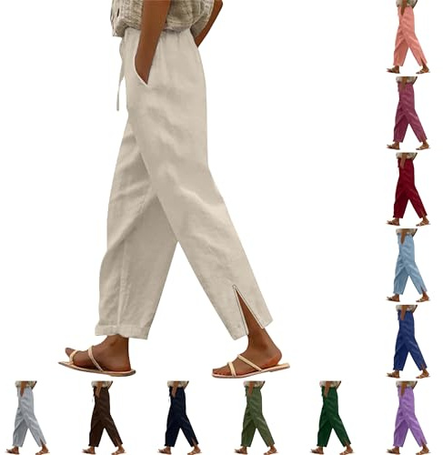 Pantalon Coton Lin Femme Été Fluide Large Taille Elastique Droit Bas Fendu 7/8 Ample Décontracté Léger et Confortable pour Plage Vacances