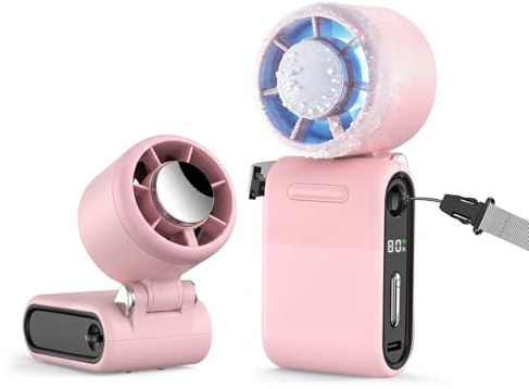 MERTTURM Ventilatore Portatile Funzione Ice Cooling a 16℃, 100 Livelli di Velocità e Potente Vento da 9,9 m/s, 3-in-1 Mano/Collo/Tavolo Mini USB Ventola per Viaggi, Campeggio e All'aperto, Rosa
