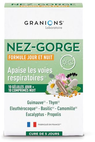 GRANIONS Nez Gorge I Formule jour : Apaise la gorge, améliore le confort respiratoire, soutient les défenses I Formule Nuit : Relaxe et apaise pour un sommeil serein I Programme de 5 J