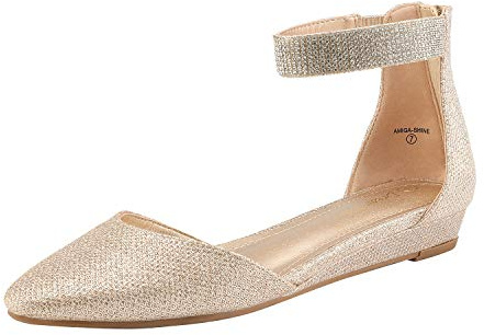 DREAM PAIRS Zapatos Planos cómodos de Vestir para Mujer con cuña Baja, Punta Redonda y Correa en el Tobillo,Size 43,Oro/Brillo,Amiga_Shine