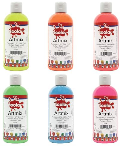 Scola Readymix Water Based Tempera Paint, 6 Fluorescent Colours, 300ml Bottles, Safe Non-Toxic Poster Paints, Craft Projects, Suitable for 3+