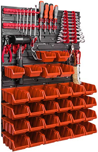Sistema di stoccaggio a parete, pannello da parete portautensili 576 x 780 mm, supporti per attrezzi, 26 scatole impilabili, scaffali da officina, contenitori impilabili per scaffali da magazzino
