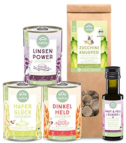 naftie veganes Hundefutter Bio Schnupperbox - Hundenassfutter Plus Bio-Öl und vegane Hundeleckerli - für Hunde mit einem Herz für Tiere