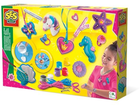 SES Creative | Kit Moulage et Peinture Bijoux | Création de Bijoux en Plâtre | Moule Réutilisable | 6 Peintures & Paillettes Inclus | Activité Créative Enfant Dès 5 Ans | Fabrication Facile & Amusante