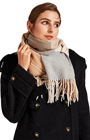 VaneriHome Damen Schal Wolle mit klassisches Karo Design und Quaste Winter dicke Deckenschal 70 x 190 cm, Braun Grau Beige