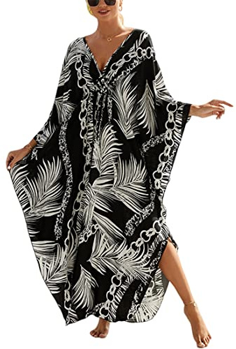 XIAOCILAO Robe Longue Caftan Boho Maillot De Bain Plage Peignoirs De Protection Femme avec Col V Kaftan Maxi Bohème Longue Grande Taille Cache Maillot de Bain Plage