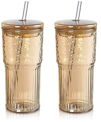 Joeyan Dricksglas på 650 ml, bärnstensfärgat, med sugrör och lock, set om 2 ribbade kaffekoppar, iskaffeglas, longdrinkglas, för smoothie, kaffe, kallbryggt te och mjölk, diskmaskinssäkert