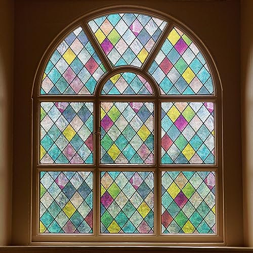 FEOMOS Stained Glass Window Film, Window Privacy Films, Colorful Lattice Window Tint, Rainbow Glass Decals Stickers for Home Anti UV 44cm x 200cm
