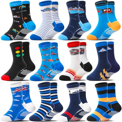 Welwoos Baby Boys Grips Socks Kids Toddlers Infants Non Slip Anti Skid Funny Animal Cartoon Gift Cotton Truck Socks with Grippers 12 Pairs Stocking Stuffers (Cars,9-14 Y)