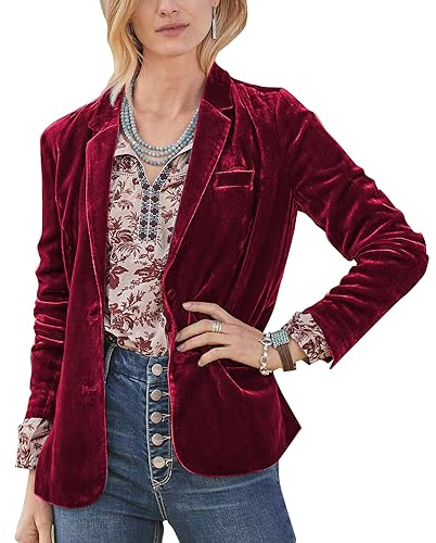 MINTLIMIT Damen Casual Samt Blazer gekerbt Revers Knopfleiste Blazer Jacke Langarm Jacke Mantel Blazer, Weinrot 2, 44