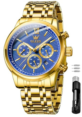 OLEVS Herrenuhren Gold Edelstahl Multifunktionale mit Chronographen Kalender Leuchtende Wasserdicht Luxus Business Quarz Armbanduhr