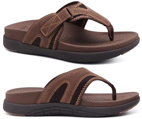 COFACE Mens Flip Flops with Arch Support Comfortable Leather Beach Sandals for Men Orthopedic Thick Cuhsion Adjustable Man Flip-flop Outdoor Size 10 brown