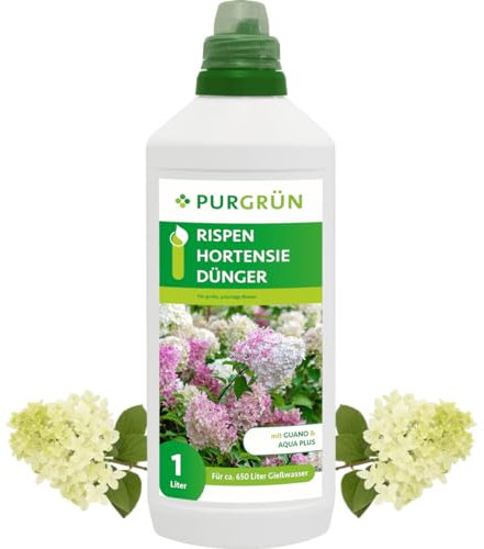 Purgrün® Rispenhortensie-Dünger 1 Liter – Organisch-mineralische Rezeptur – Premium-Flüssigdünger mit Spurennährstoffen – NPK 5+7+8 – Mit Guano & Spurennährstoffen – Für prächtige Blüten