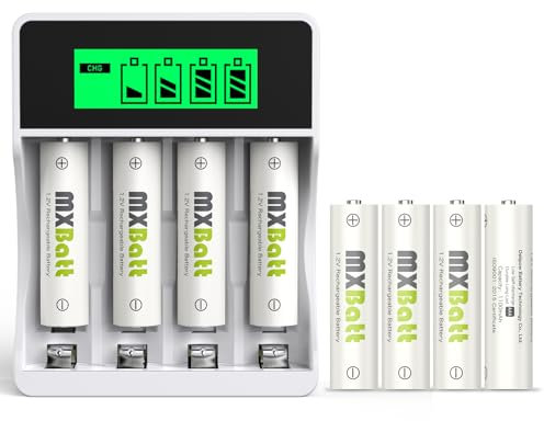 MXBatt Pilas Recargables AAA con Cargador,8 PCS Pilas AAA Recargables Nimh 1100mAh 1200 Cycles for Micrófono,Linterna,Coche de Juguete y Otros Equipos