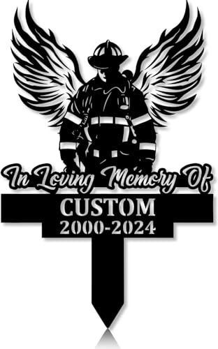 Personalized Firefighter Grave Marker Angel Fireman Memorial Garden Stake 12-24 inch Fireman Dad Loss Gift, Memorial Gift (Angel Fireman)
