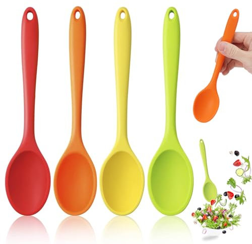 4 Pezzi Cucchiai Lunghi in Silicone Antiaderenti Resistenti al Calore, 20.4cm Cucchiaio Silicone Cucina, Silicone Cucchiaio con Buchi, per Cucinare, Cuocere, Mescolare(Rosso, Arancione, Giallo, Verde)