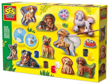 SES Creative Gips zum Gießen set | Hunde | Gipsfiguren zum bemalen | Bastelset | Schnelltrocknend | Made in Holland | für Kinder ab 5 Jahren | 6 Farben | 11 Figuren | 01294