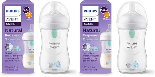 Philips Avent Biberon à Réponse Naturelle de 260 ml avec valve AirFree, sans BPA pour les bébés de 1 mois et +, motif éléphant (modèle SCY673/81) (Lot de 2)