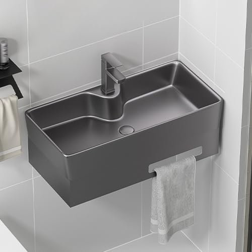 Graues Eckwaschbecken aus Keramik, Wandmontage, mit Edelstahlständer, platzsparendes Design für kleine Badezimmer (50 x 30 cm)