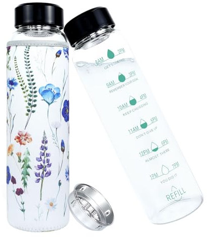 Borraccia in vetro da 1 litro con indicatore temporale, senza BPA, bottiglia in vetro da 1000 ml con custodia protettiva e filtro in acciaio inossidabile, borraccia a prova di perdite, bottiglia