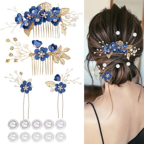 4 horquillas elegantes para el pelo de novia, accesorios para el pelo de dama de honor, 10 horquillas con perlas en espiral para novias, damas de honor, mujeres y niñas (Azul rey)