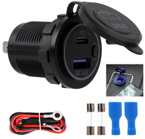 USB-laddare, 30 W PD och 18 W QC3.0, 12 V vattentät USB motorcykelkontakt, 12–24 V typ C-kontakt för bil, båt, IP66, vattentät, adapter med LED-strömbrytare, kompatibel med och andra enheter