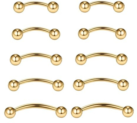 Curved Barbells Eyebrow Lip Rook Piercing Jewellery, Gold 6mm, 10 Pcs | Durable Stainless Steel, Offers Secure Body Jewelry Fit, Suitable for Body Art Enthusiasts, Earring Endings and Body Jewelry