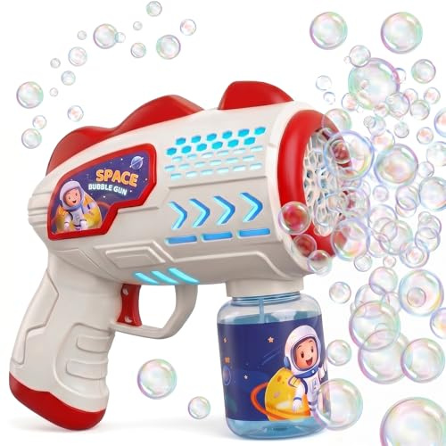 Tmefoy Pistola a Bolle per Bambini, Sparabolle di Sapone Ricaricabile con Luce LED e 20 Concentrato di Schiuma di Sapone Macchina per Bolle Automatica per Bomboniere, Attività all'Aperto e al Coperto