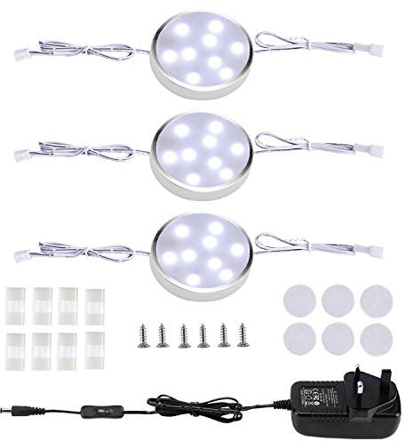 LABOREDUCER Under Cabinet Kitchen Lights Wired 3 Pack,6000K Cold White Under Cupboard Light with Switch & UK Adapter,12V Puck Lights LED Night Light for Kitchen,Wardrobe and Cupboard