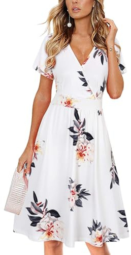 VOTEPRETTY Robe d'été Femme Florale Col V Manches Courtes Portefeuille Mi-Longues Blanc Taille Unique M