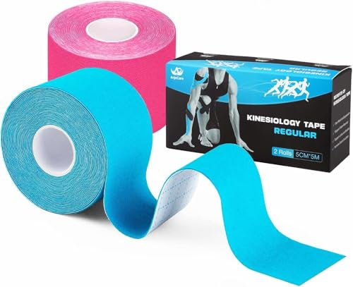 AnjoCare Kinesiologie Tape(Uncut), elastische therapeutische Sportbänder für Muskeln und Gelenke,Latex frei Physio Tape für Schulter, Knöchel, Ellenbogen und Knie Support(2 Rollen 5M x 5CM)Rosa + Blau