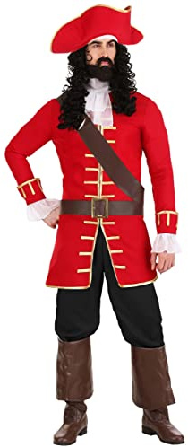 Pirate Rum Captain Costume for Men | Adult Hook Halloween Attire | Leader At Sea | Rebel Sailor Outfit, Red, S