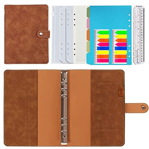 Leder Notizbuch Binder A5,PU Leder Nachfüllbares Notizbuch Ringbuch A5 Tagebuch Karierte Papier Echtleder Innentaschen für Reisearbeit und Organizer,Geschenk für Mädchen, Jungen (Braun 23x17cm)