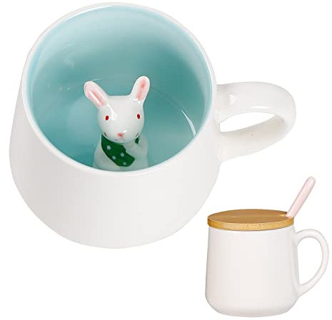 Gifts for Women Cute Rabbit Coffee Mug Tea Cup with Spoon Lid,Kawaii Stuff Funny Cool Mugs Valentine's Mother's Day Halloween Xmas Gifts for Her Wife Mum Grandma Boyfriend Girl Teacher Friend,Birthday