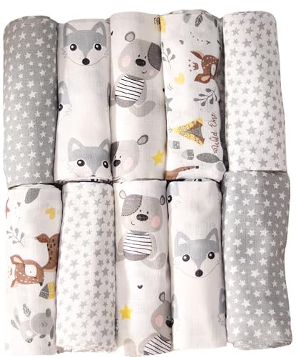 FENSILO Spucktücher Baby - Mulltücher - 10er Pack 70x80 cm - Stoffwindeln, Made IN EU, schadstoffgeprüft -Spucktücher Baby Junge Mädchen Tuch weiß Teddy