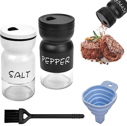 BUENTYA 2 Pcs Salière et Poivrière Verre 125ml Salière Blanche Originale Poivrier Noir Couvercle Ensemble de Pot à Épices avec Entonnoir et Brosse pour Sel, Poivre, Épices, Cuisine, Restaurant(Rond)
